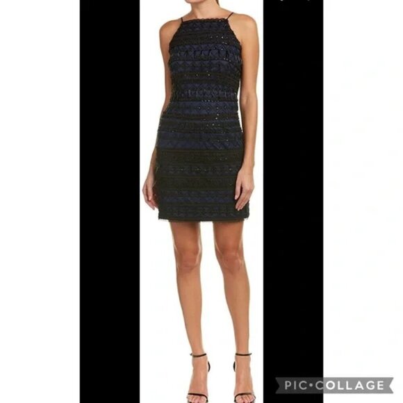 Aidan Mattox Womens Black Twilight Geometric Beaded Illusion Sheath Dress Size 6 - Picture 4 of 12